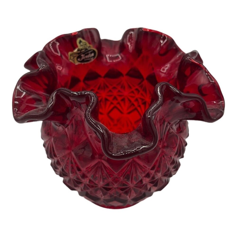 Fenton Art Glass Diamond Star Pattern Ruby Red Amberina Bowl Vase Ruffled Edge